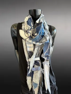 Hippie couture jean blue scarf, free form scarf, bohemian fashion