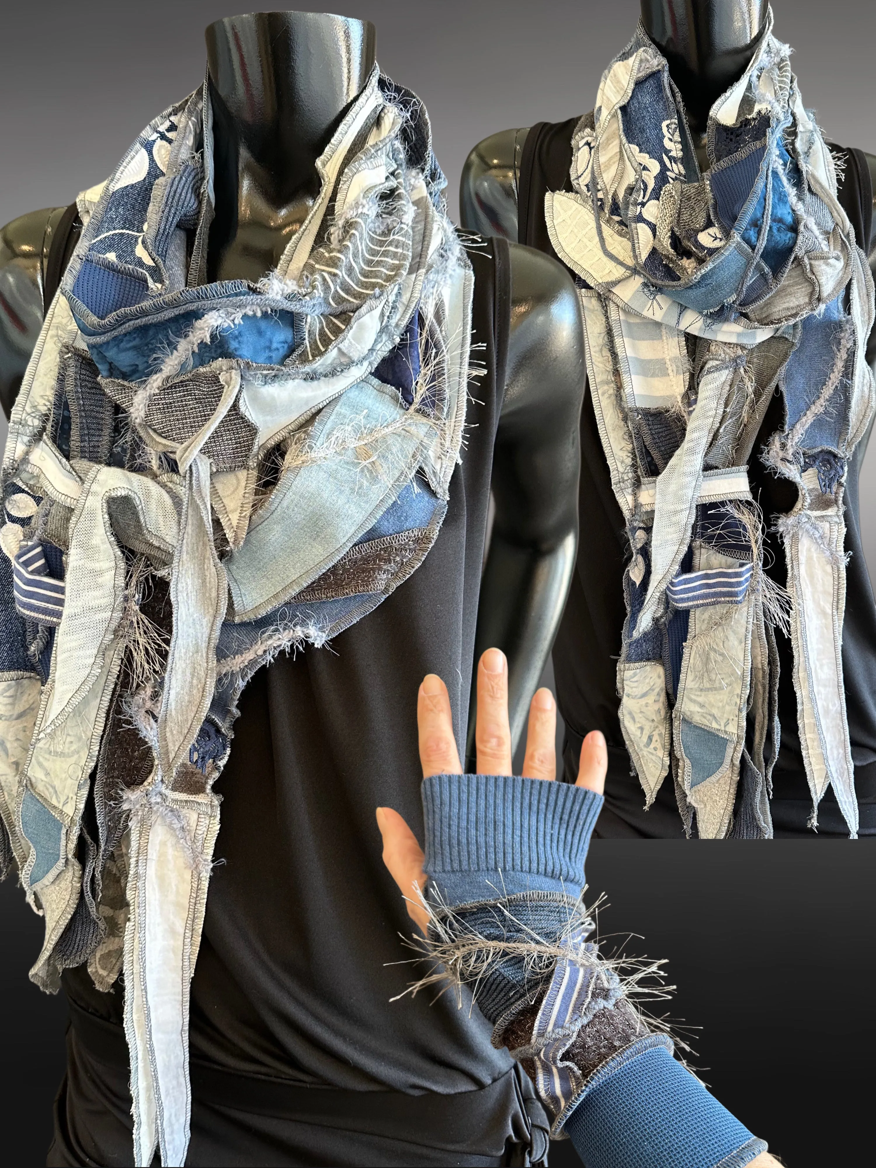 Hippie couture jean blue scarf, free form scarf, bohemian fashion