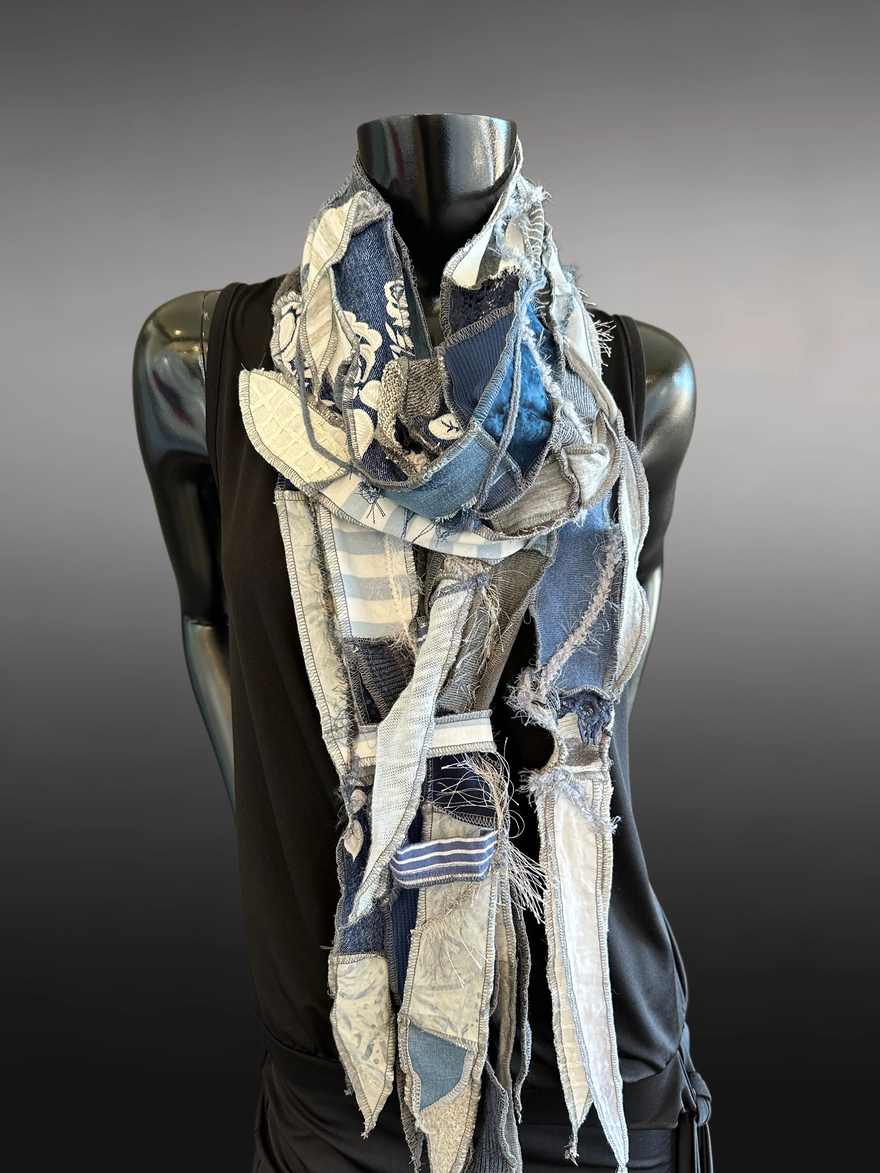 Hippie couture jean blue scarf, free form scarf, bohemian fashion