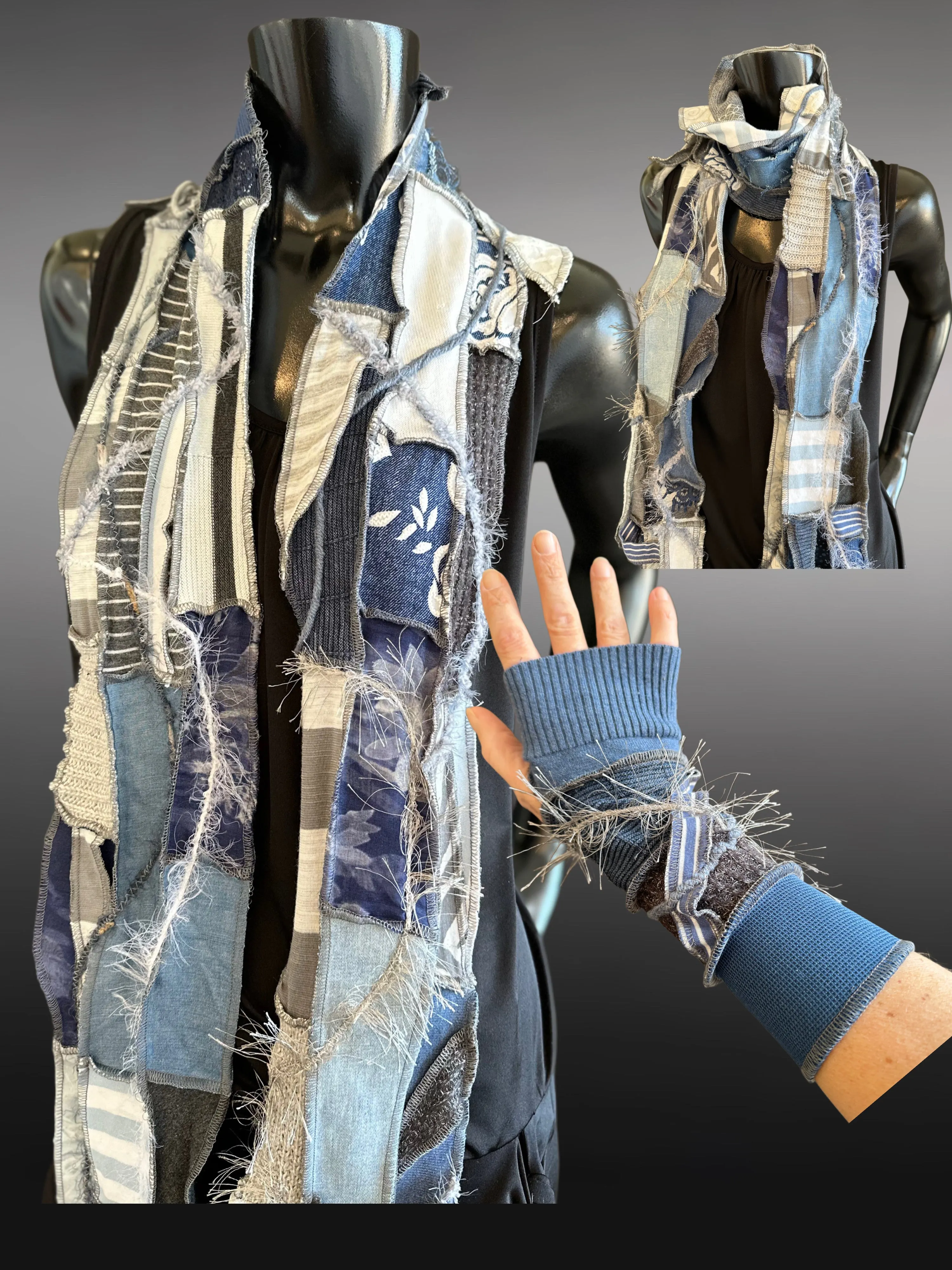 Hippie couture jean blue scarf, free form scarf, bohemian fashion