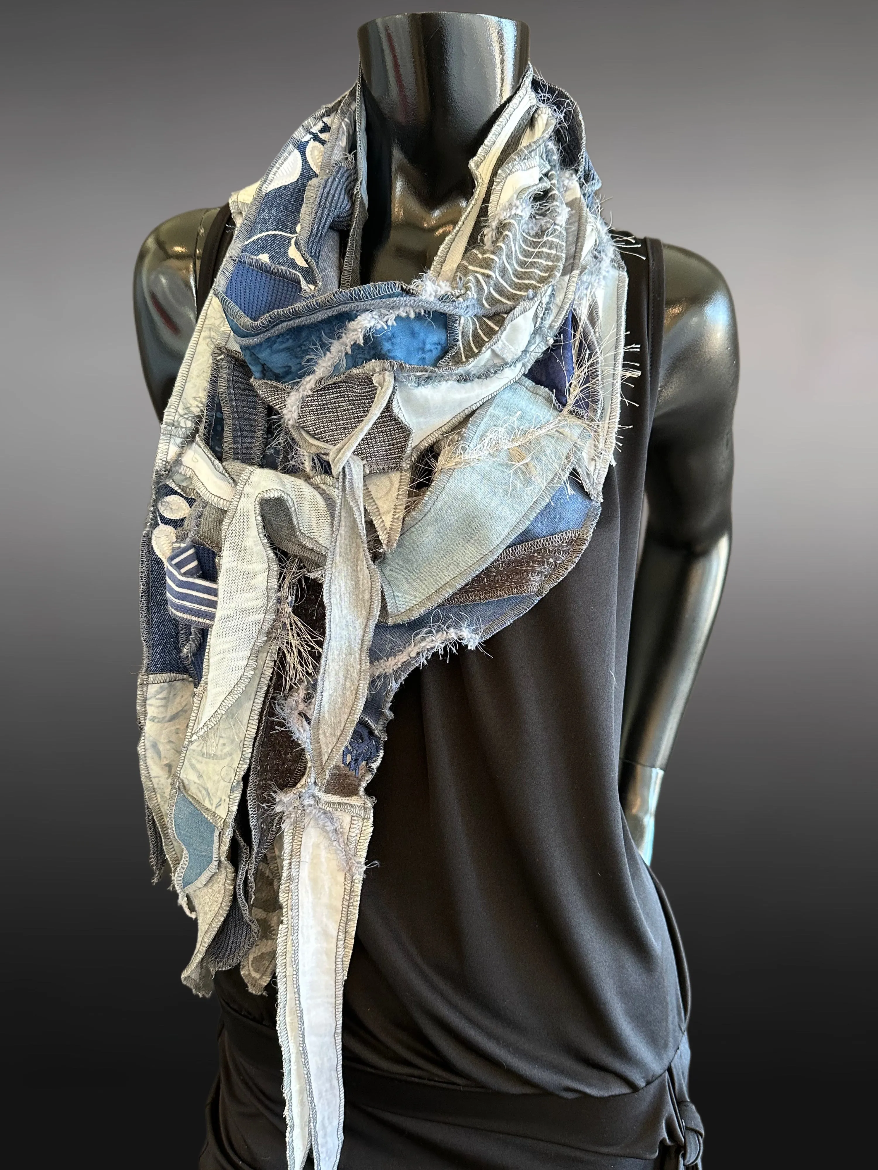 Hippie couture jean blue scarf, free form scarf, bohemian fashion