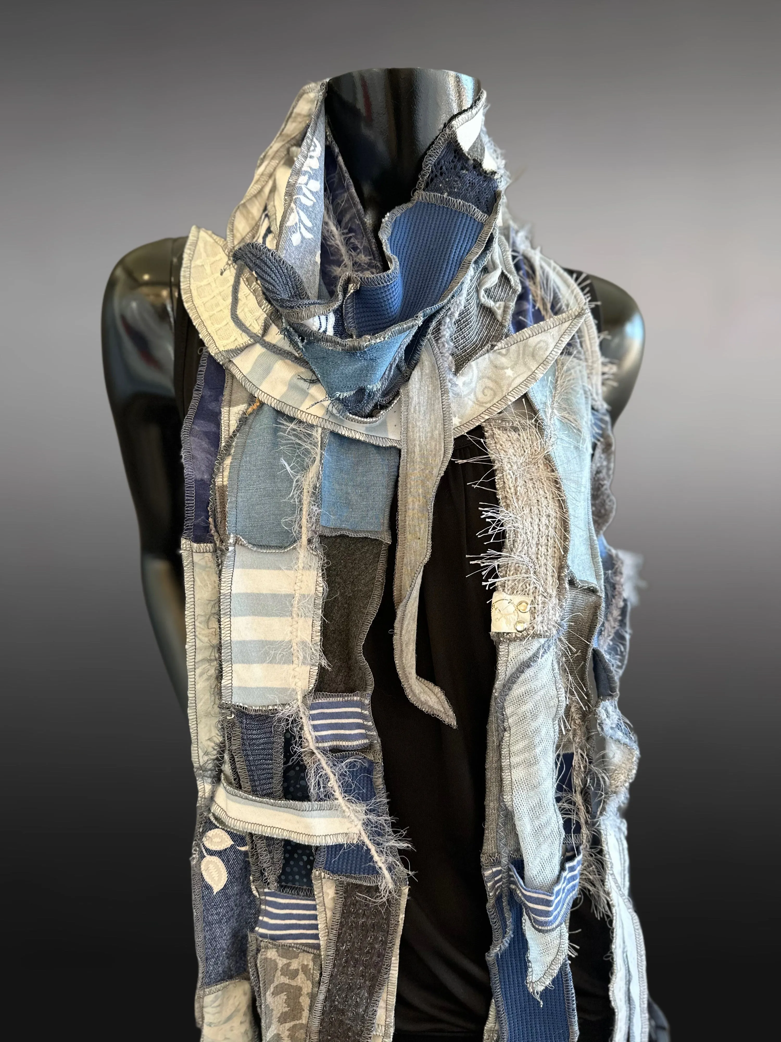 Hippie couture jean blue scarf, free form scarf, bohemian fashion