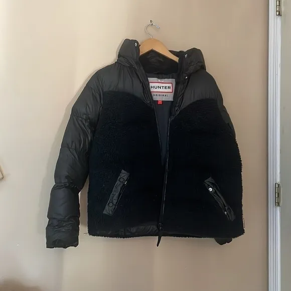 Hunter Hero Hybrid Puffer Fleece Coat Jacket Hooded Zip Front Womens Black