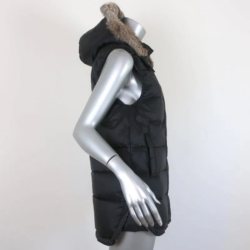 Intropia Rabbit Fur-Trim Hooded Down Puffer Vest Black Size 36