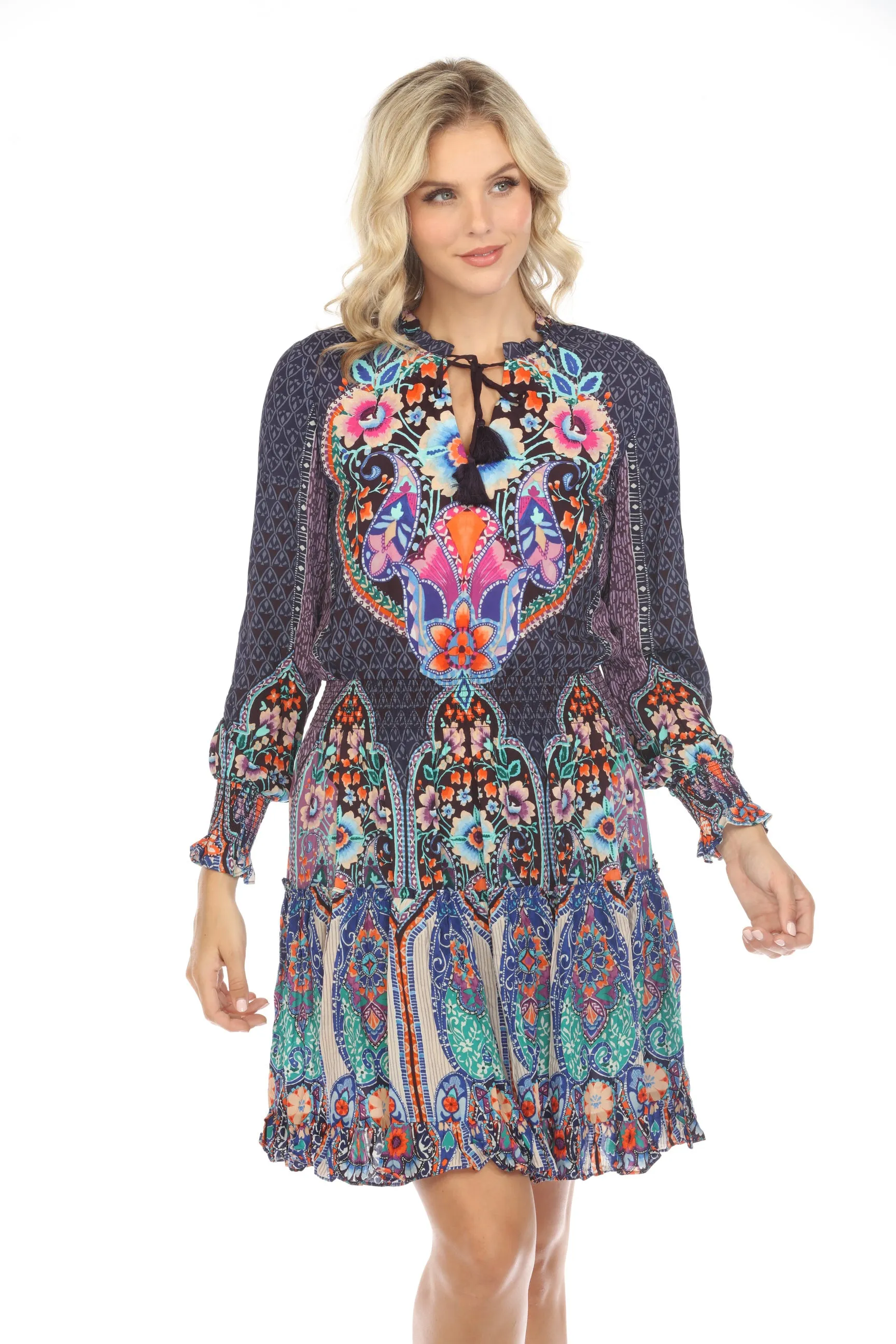 Johnny Was Saba Smocked Long Sleeve Swim Cover-Up Dress CSW5721-J Boho Chic