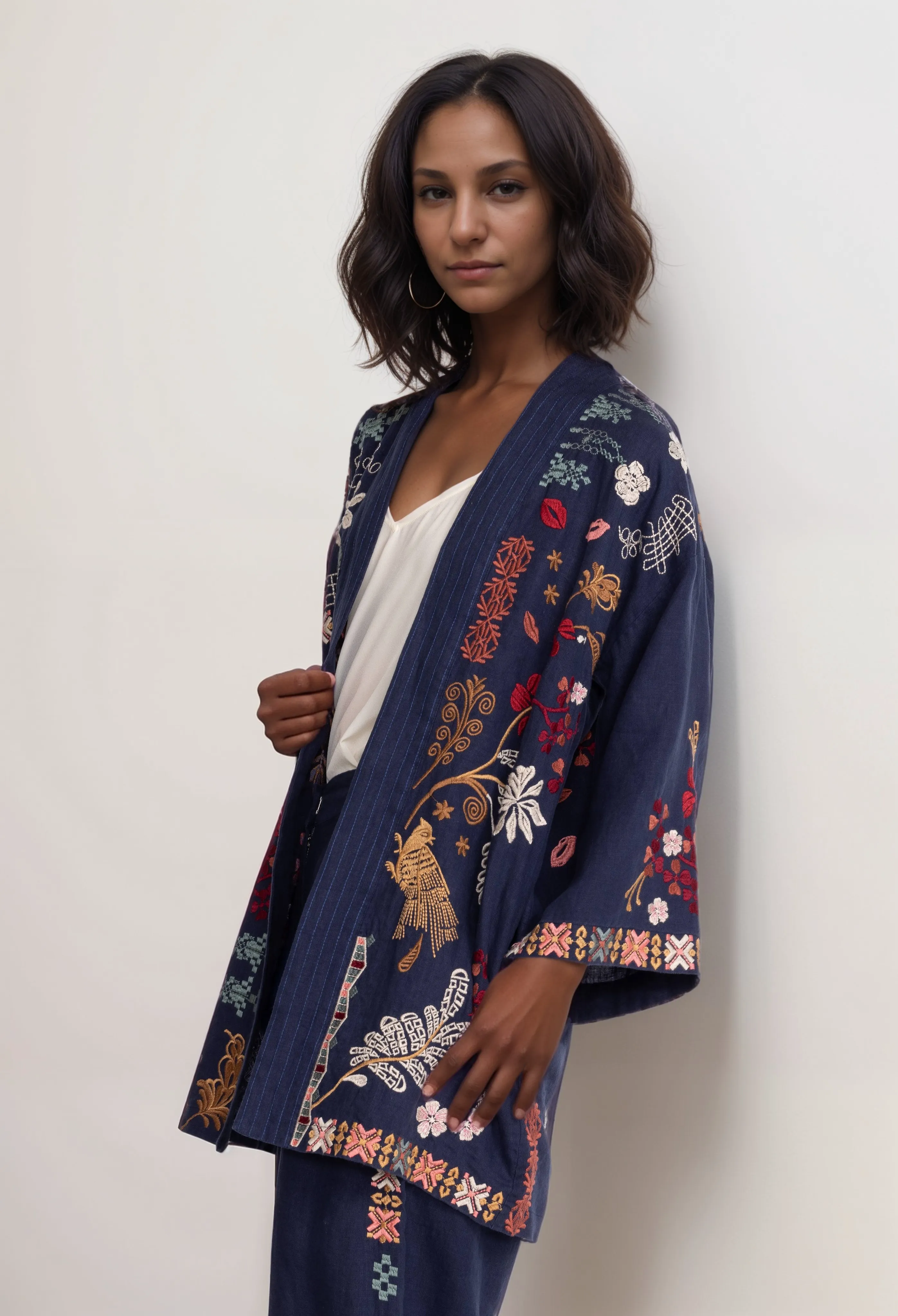 Johnny Was Zuzu Embroidered Linen Kimono R48323 Boho Chic