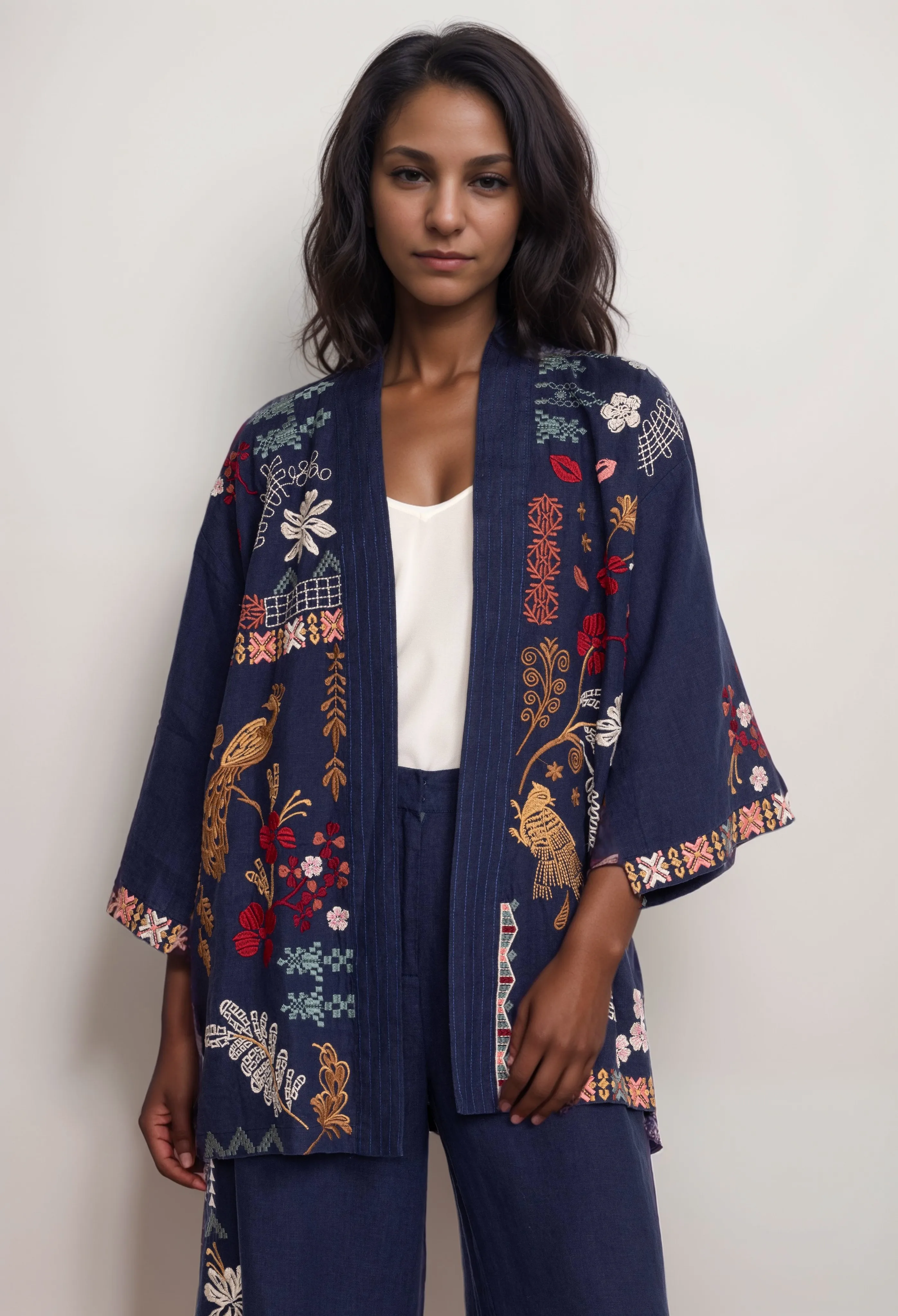 Johnny Was Zuzu Embroidered Linen Kimono R48323 Boho Chic