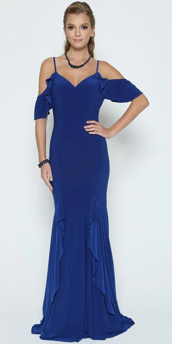 Juliet 664 Mermaid Long Prom Dress Ruffled Cold-Shoulder
