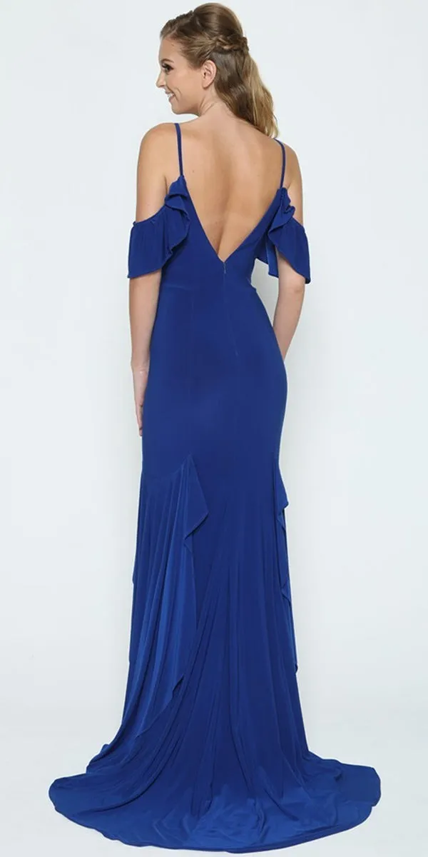 Juliet 664 Mermaid Long Prom Dress Ruffled Cold-Shoulder