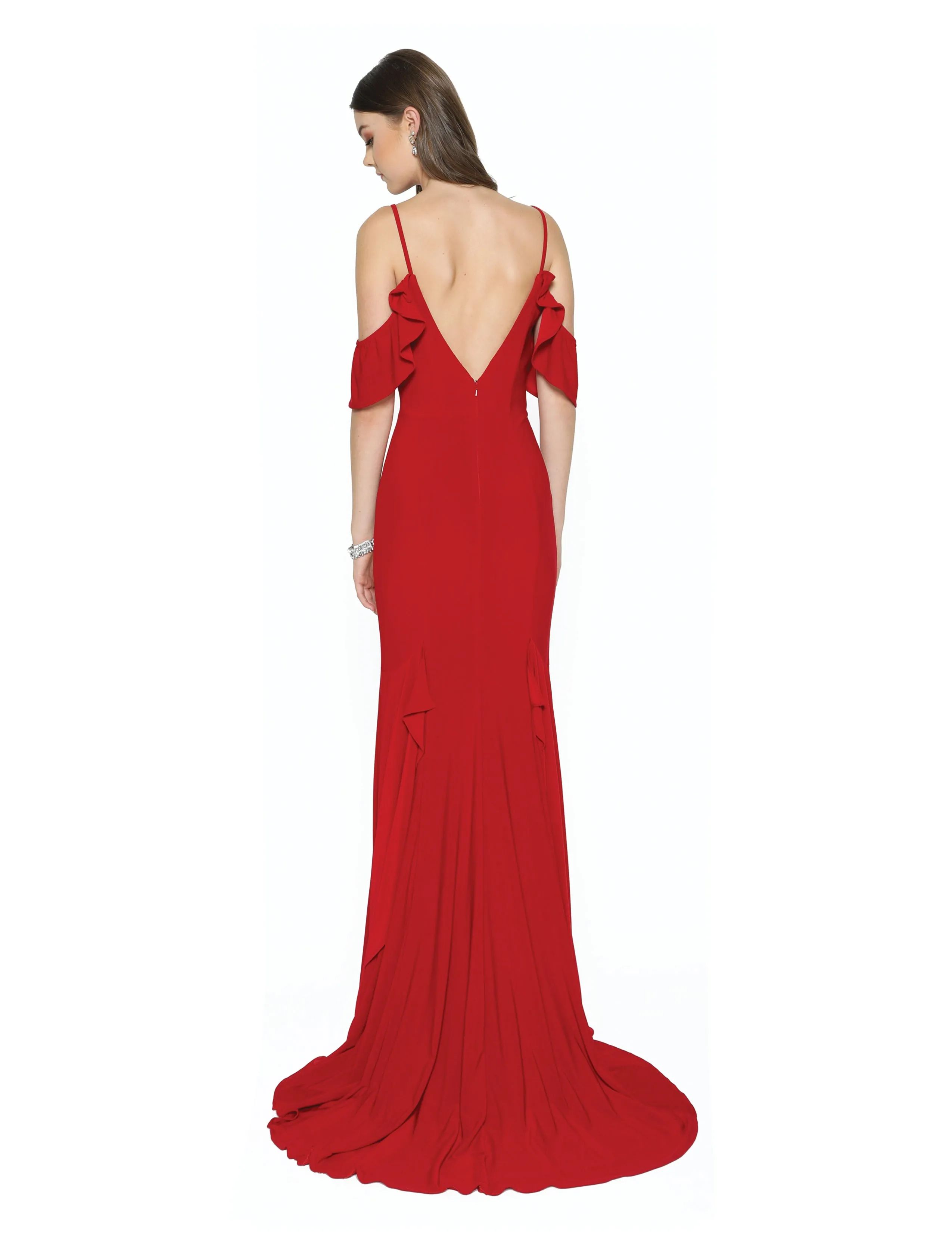 Juliet 664 Mermaid Long Prom Dress Ruffled Cold-Shoulder