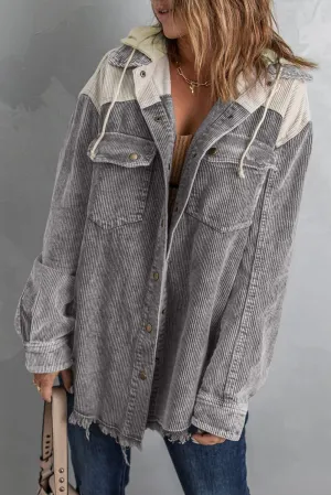 KaleaBoutique Gray Color Block Button Down Hooded Corduroy Jacket