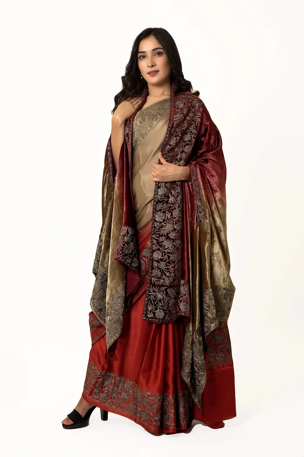 Kashmiri Shawl Work Premium at a great Positive feedback with Ombre Shade Velvet Tilla Cape Gloss Thread