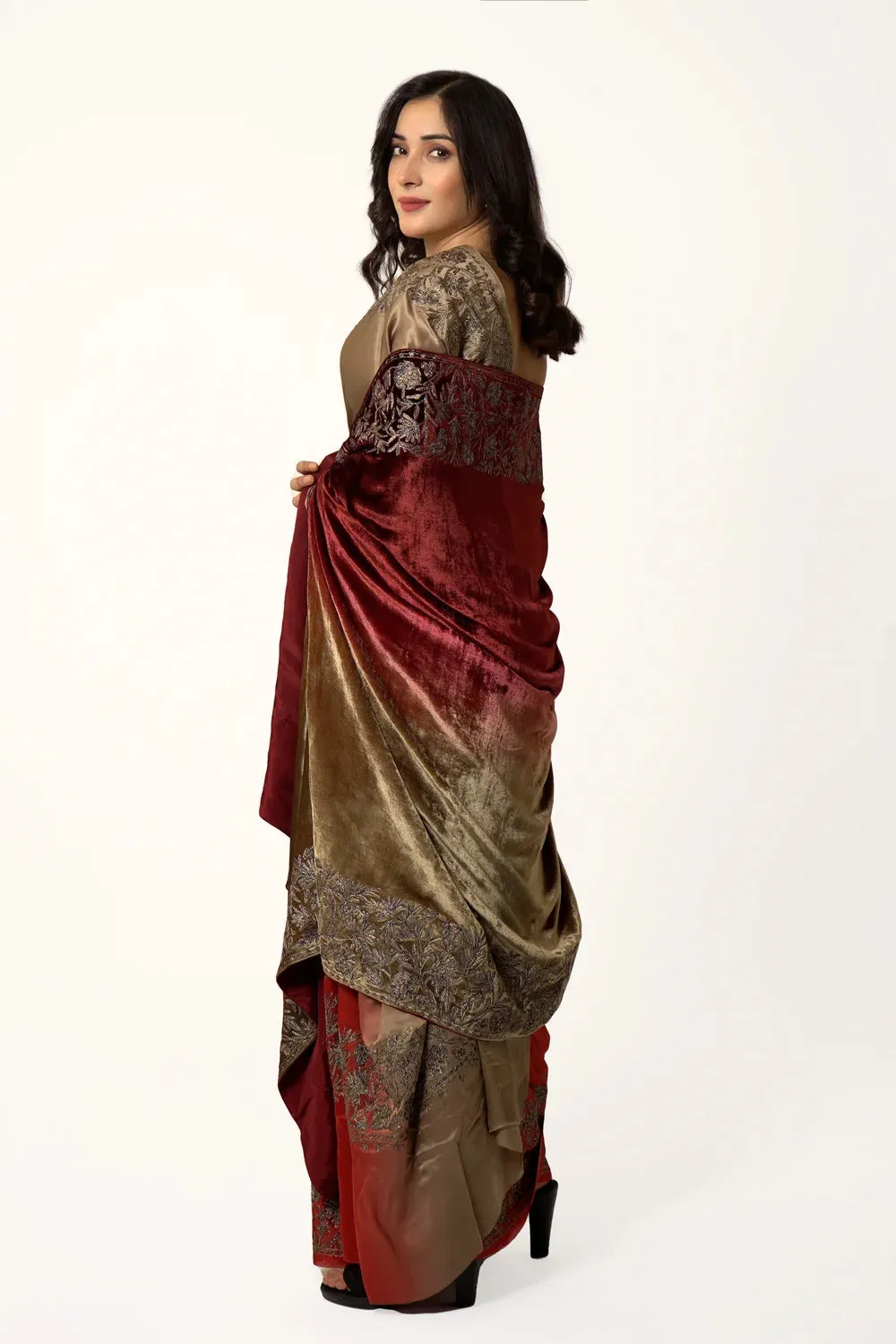Kashmiri Shawl Work Premium at a great Positive feedback with Ombre Shade Velvet Tilla Cape Gloss Thread