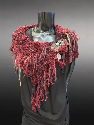Knit bohemian inspired fantasy burgundy red cowl with snap closure, artwear, Viking style