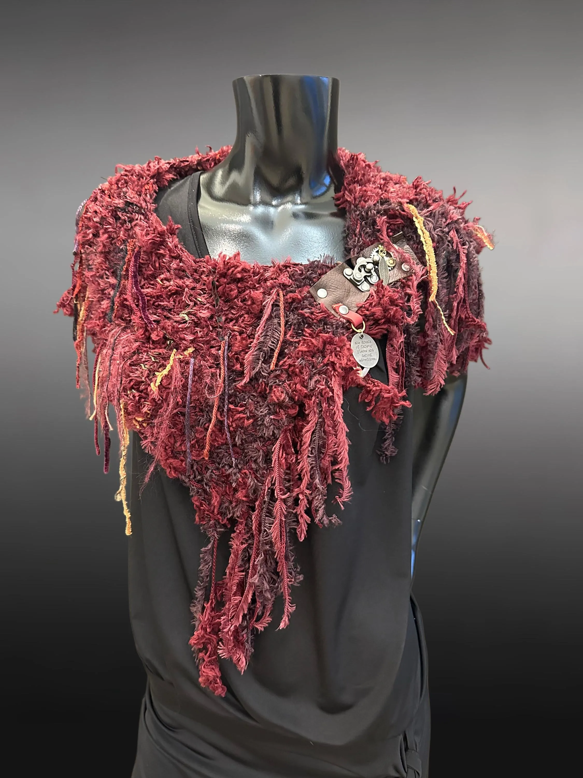 Knit bohemian inspired fantasy burgundy red cowl with snap closure, artwear, Viking style
