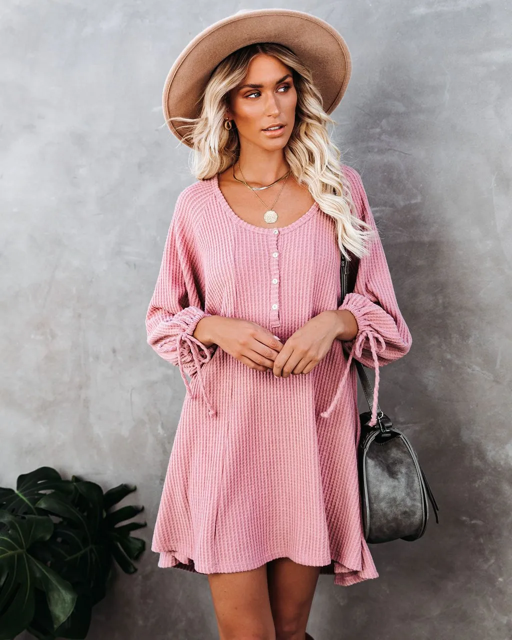 Knit Round Neck Ruffled Lace-up Mini Dresses