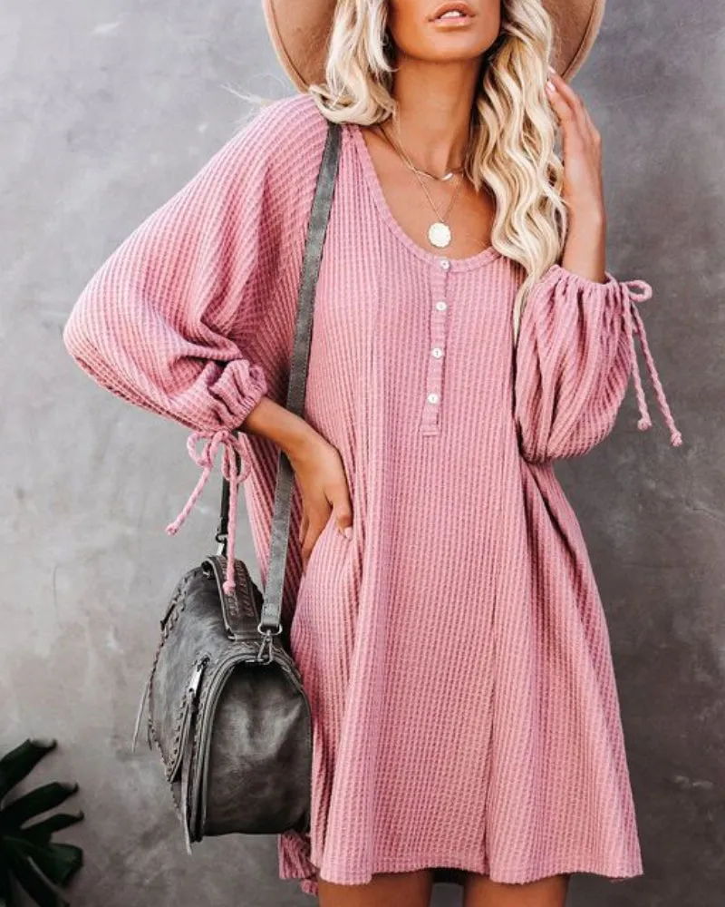 Knit Round Neck Ruffled Lace-up Mini Dresses
