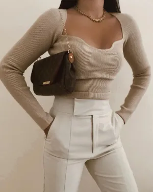 Knit Square Collar Sweaters Shirts Crop Tops Blouses
