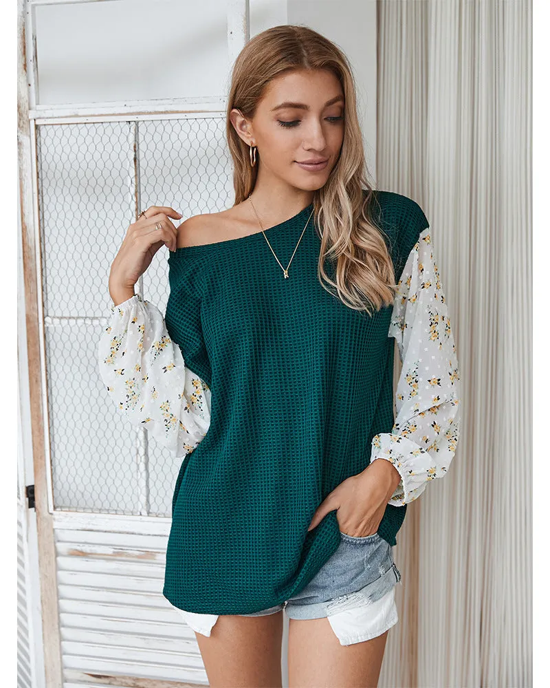 Knit Tops Joint Chiffon Printed Long Sleeve Shirts