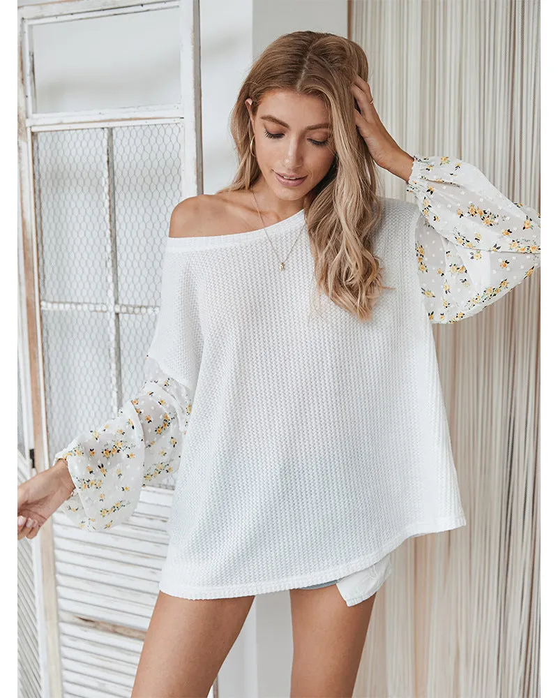 Knit Tops Joint Chiffon Printed Long Sleeve Shirts
