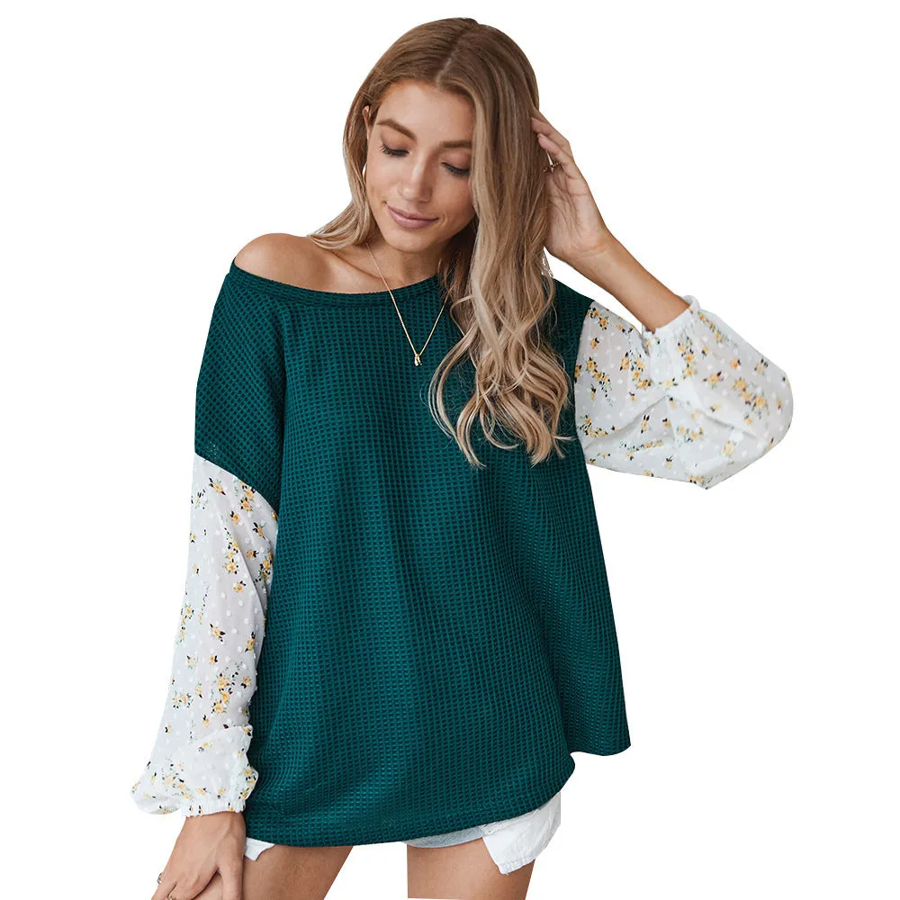 Knit Tops Joint Chiffon Printed Long Sleeve Shirts