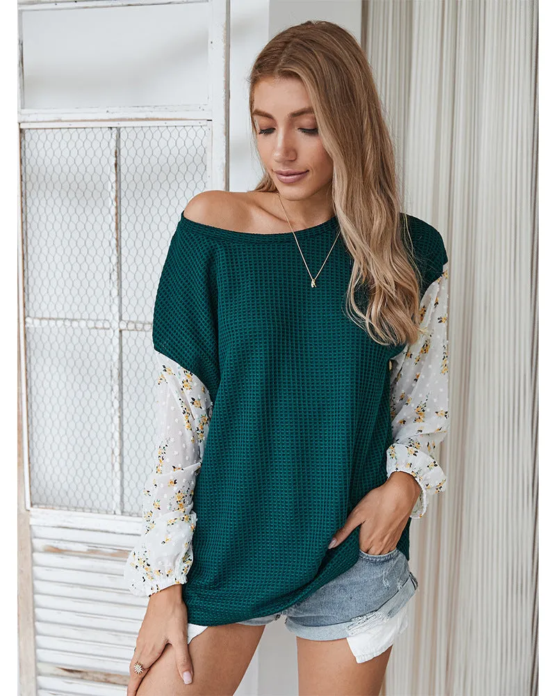 Knit Tops Joint Chiffon Printed Long Sleeve Shirts