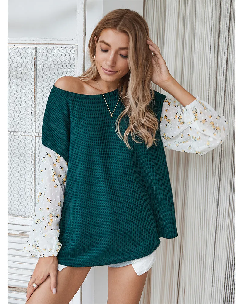Knit Tops Joint Chiffon Printed Long Sleeve Shirts