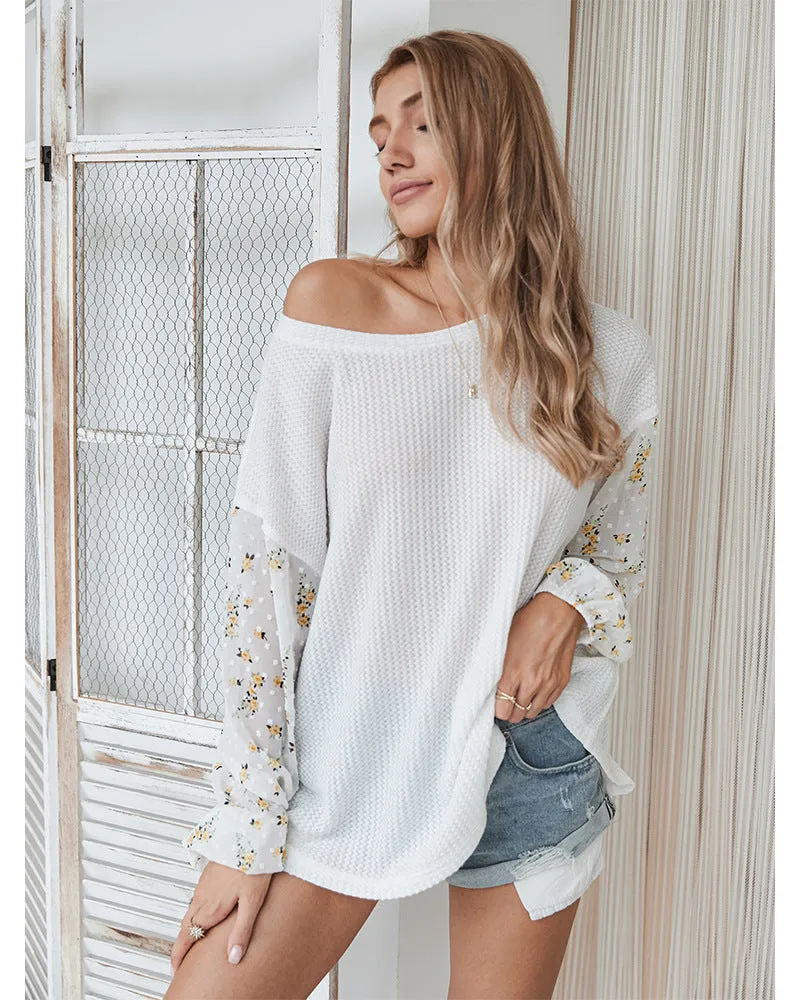 Knit Tops Joint Chiffon Printed Long Sleeve Shirts