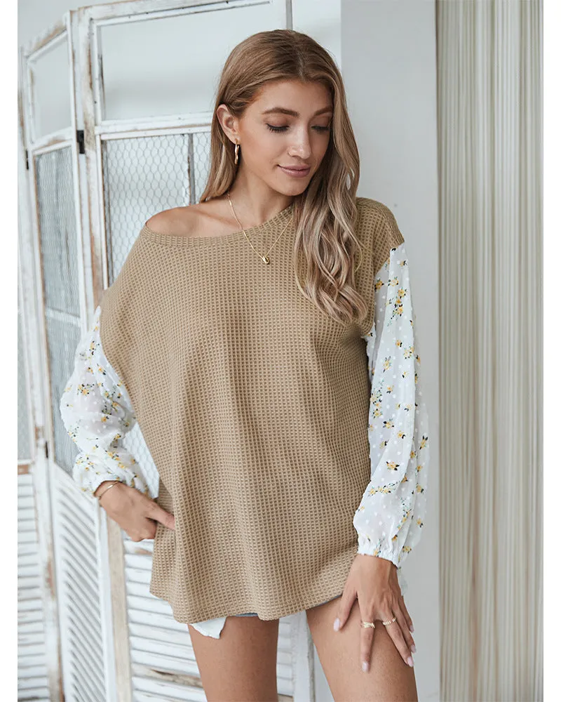Knit Tops Joint Chiffon Printed Long Sleeve Shirts