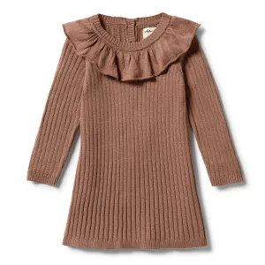 Knitted Rib Ruffle Dress - Burro