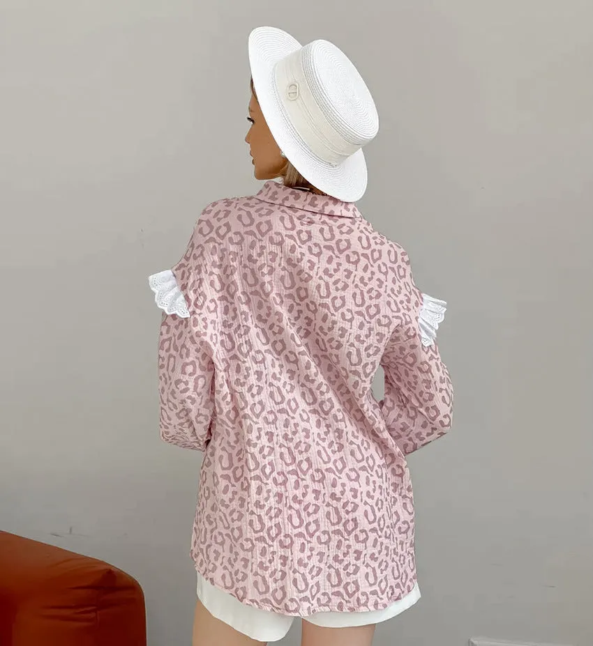 Lace Trim Long Sleeve Button Down Shirts Dressy Casual Tops