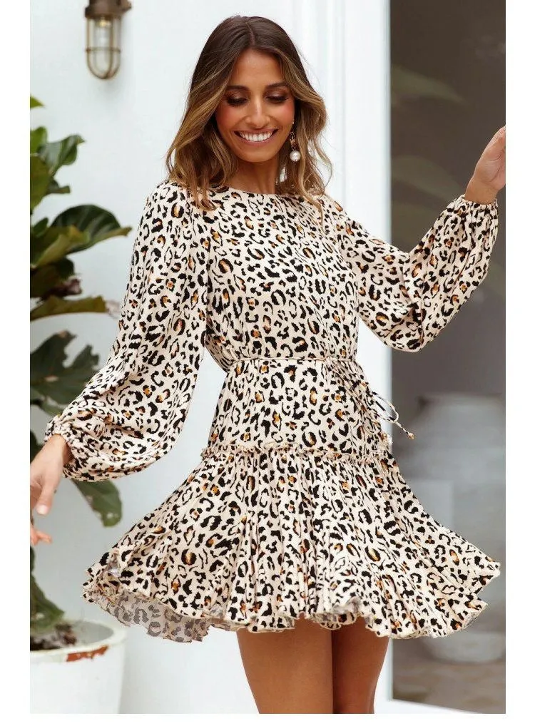 Lace-up Elastic Sleeve Ruffled Floral Mini Dresses