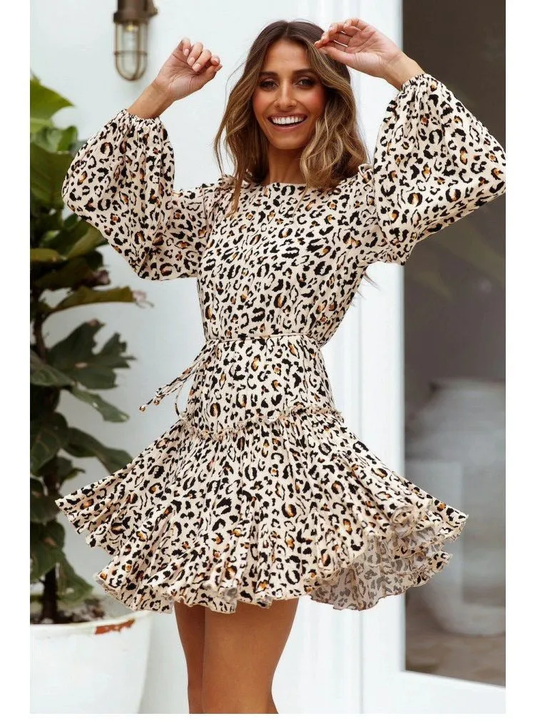 Lace-up Elastic Sleeve Ruffled Floral Mini Dresses
