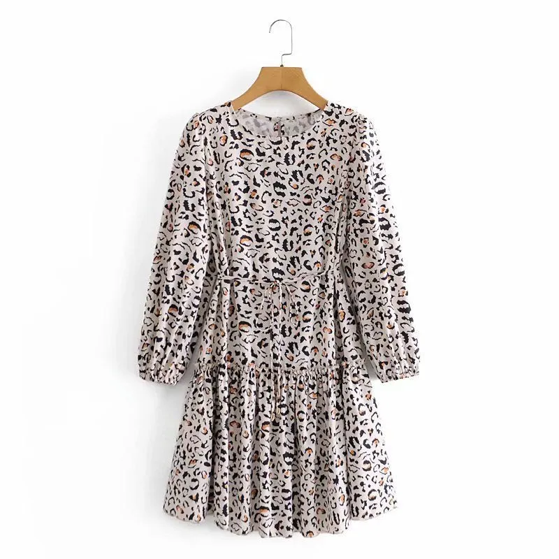 Lace-up Elastic Sleeve Ruffled Floral Mini Dresses