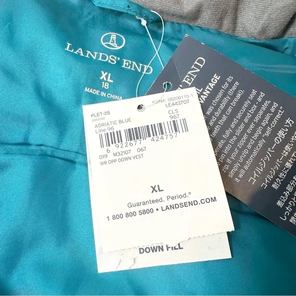 Lands’ End Teal Down Puffer Vest, XL Adriatic Blue