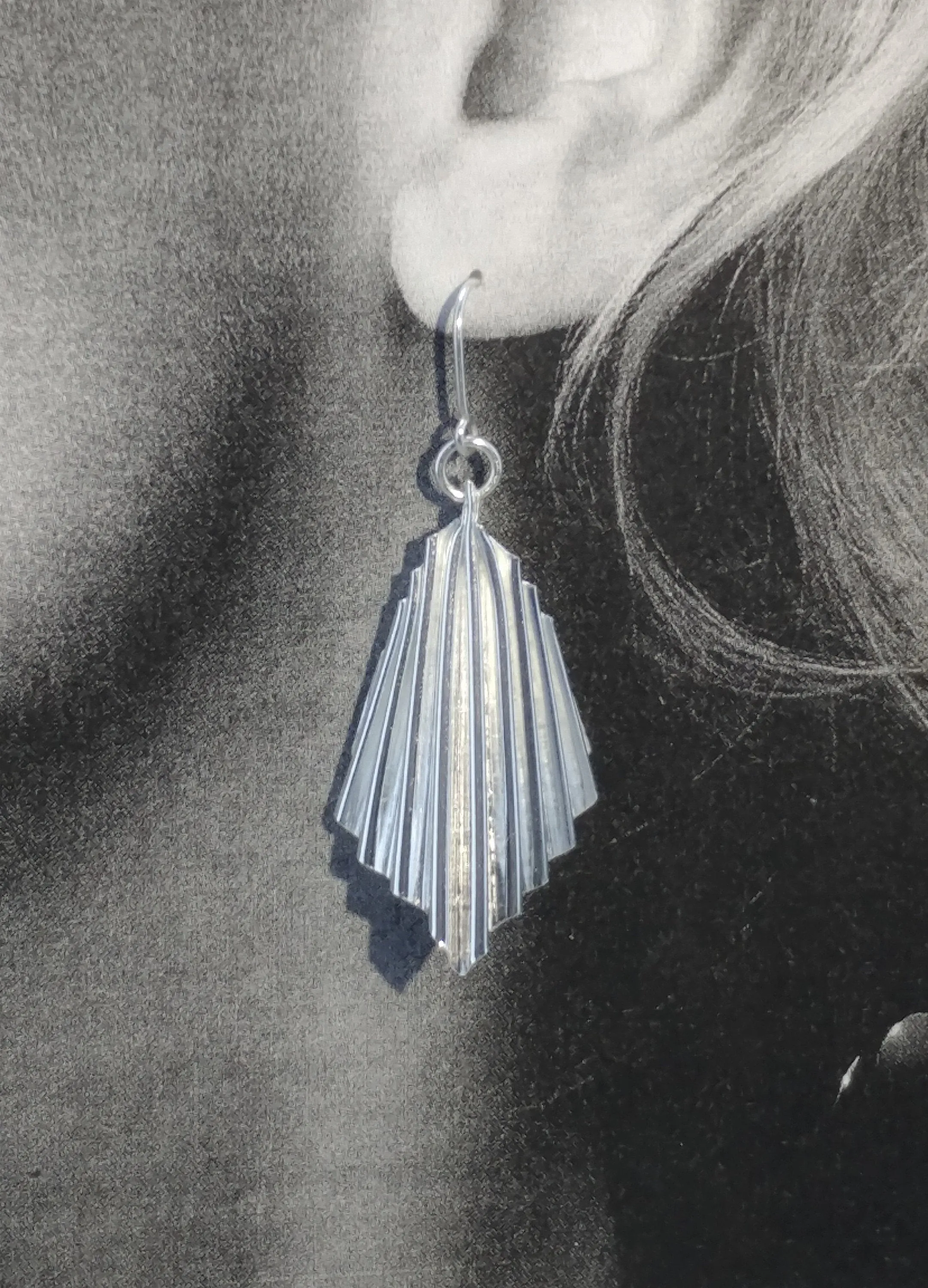 Large silver ruffled fan earrings, handmade sterling silver, kinetic earrings