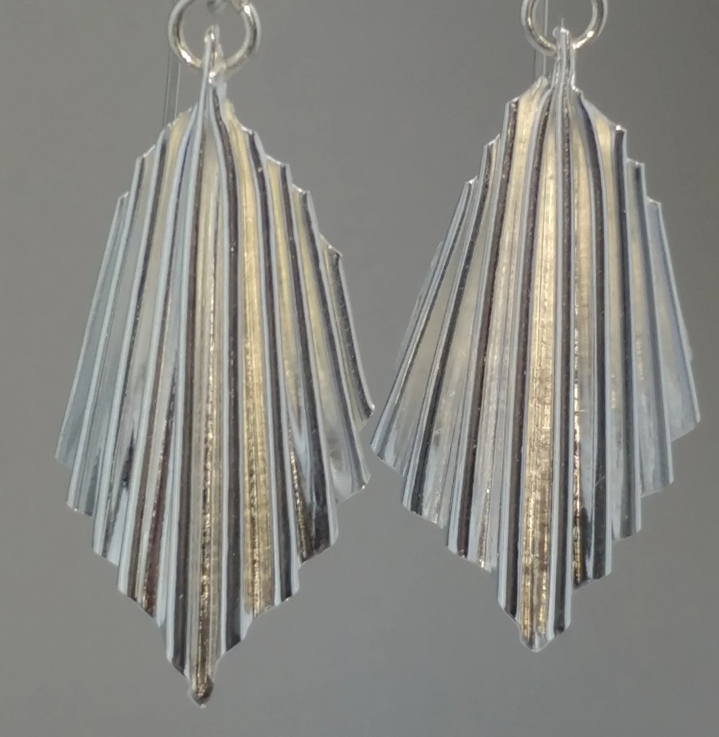 Large silver ruffled fan earrings, handmade sterling silver, kinetic earrings
