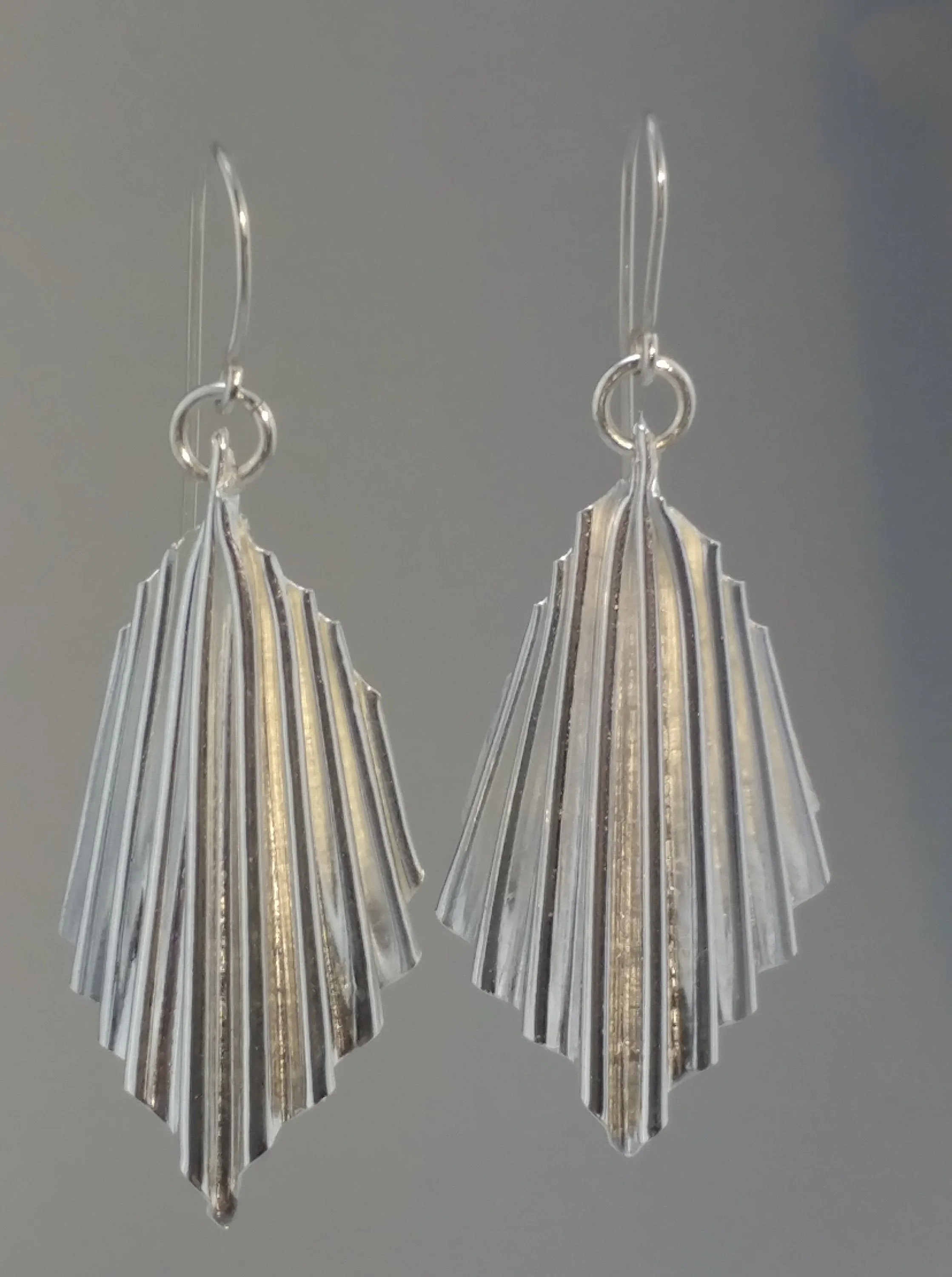 Large silver ruffled fan earrings, handmade sterling silver, kinetic earrings