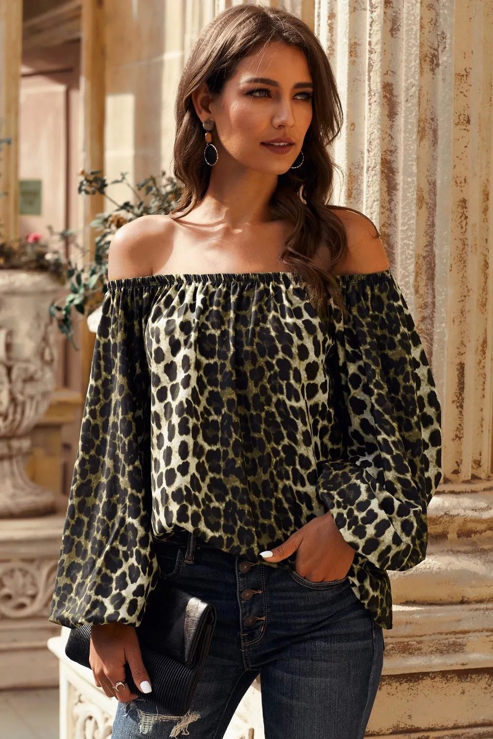 Leopard Print Long Sleeve Elastic Neck Off Shoulder Top