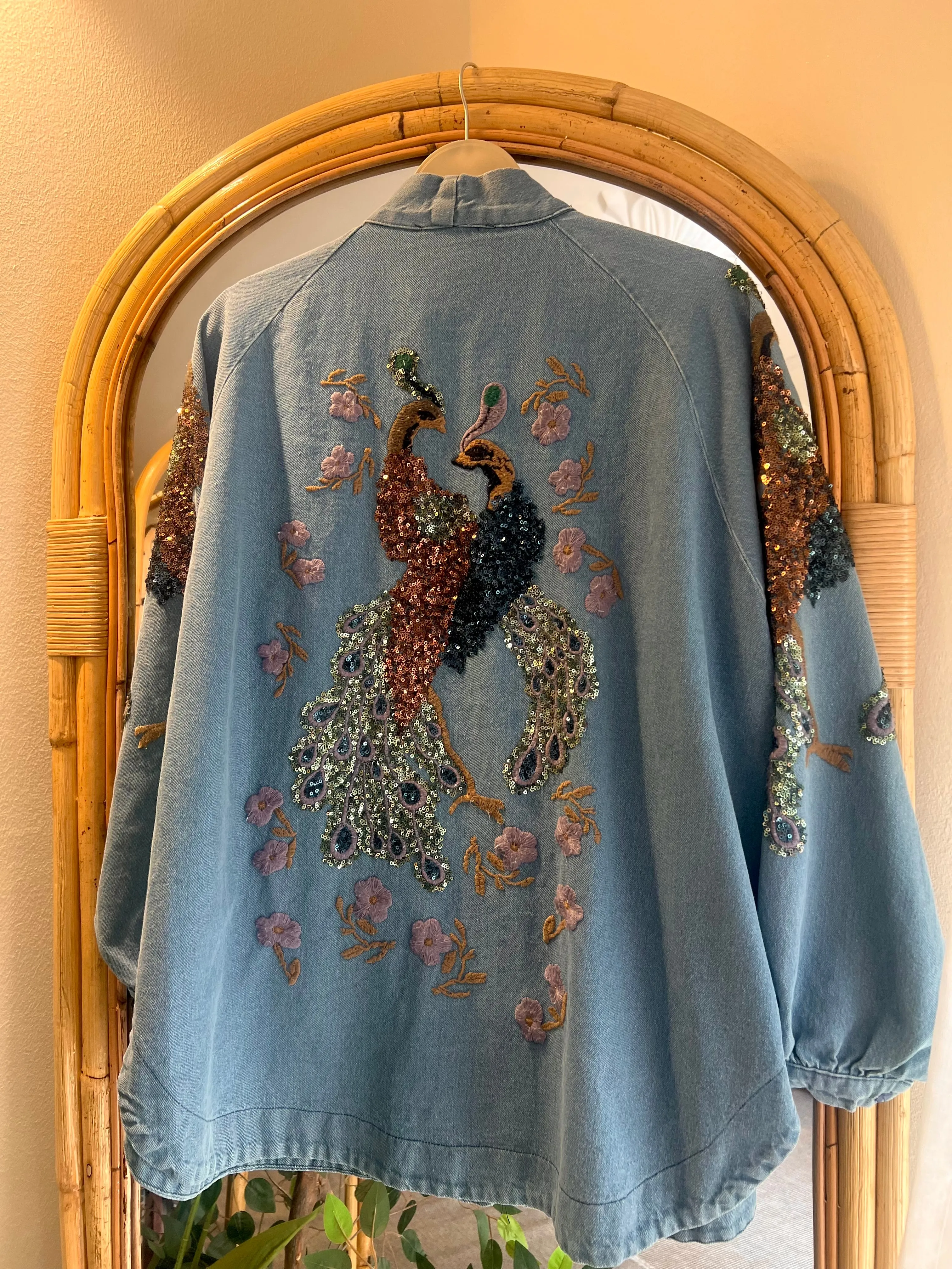 Light Blue Denim Embroidered Peacock Kimono