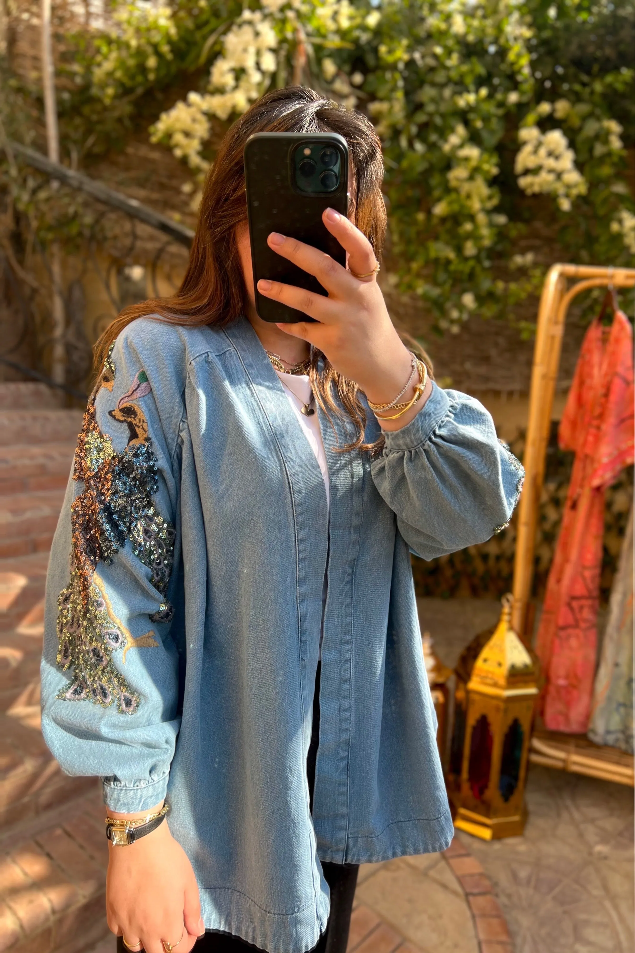 Light Blue Denim Embroidered Peacock Kimono