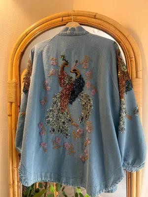 Light Blue Denim Embroidered Peacock Kimono