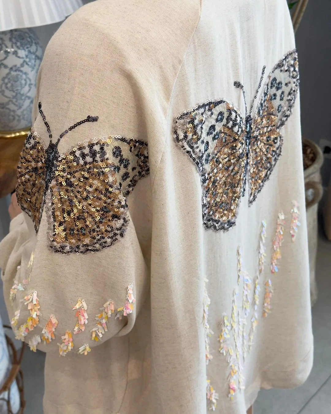 Linen Embroidered Butterfly Beige Kimono