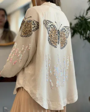 Linen Embroidered Butterfly Beige Kimono