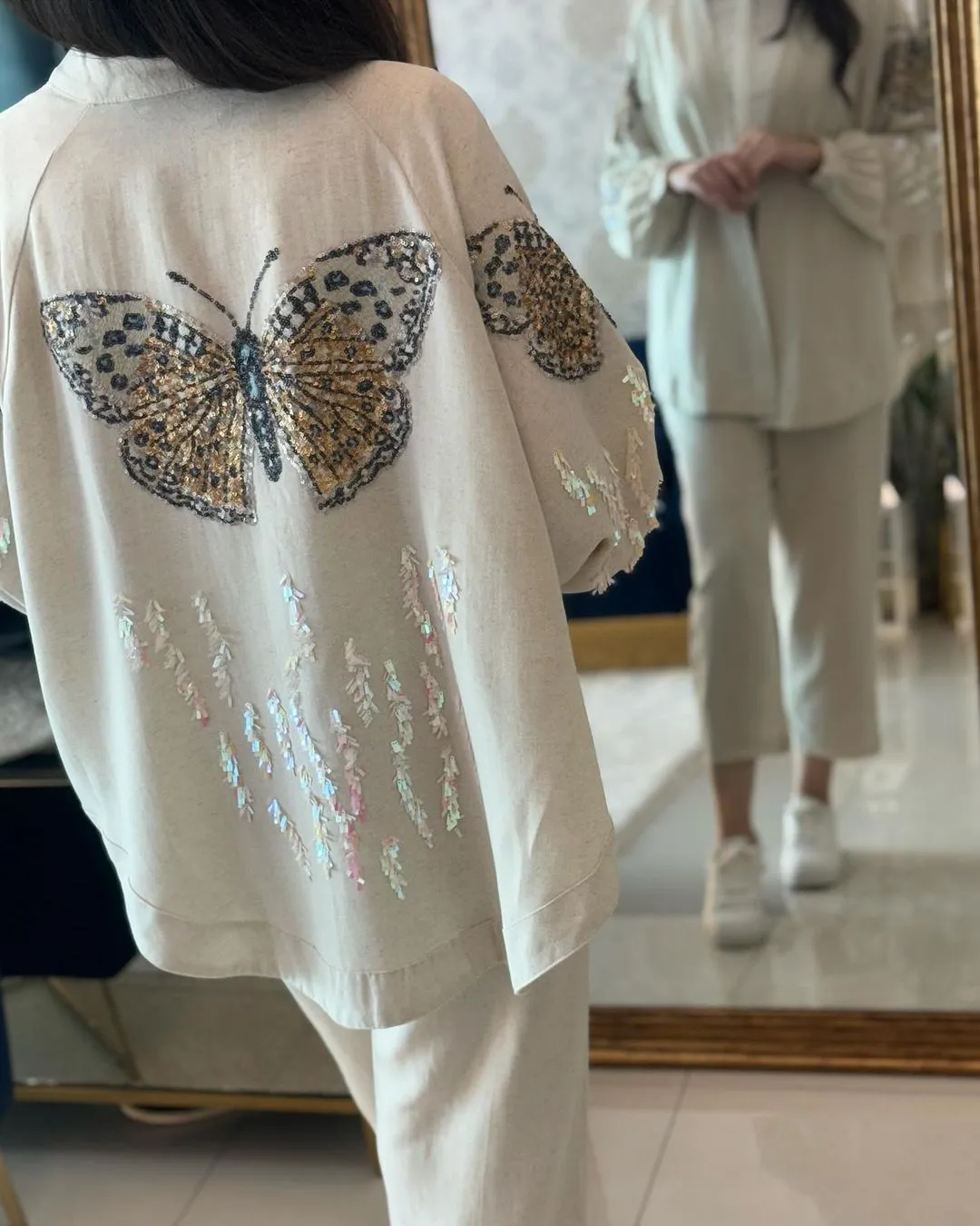 Linen Embroidered Butterfly Beige Kimono