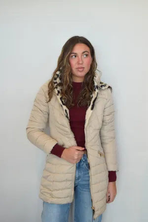 Long Line Reversible Puffer- Cream/Leopard