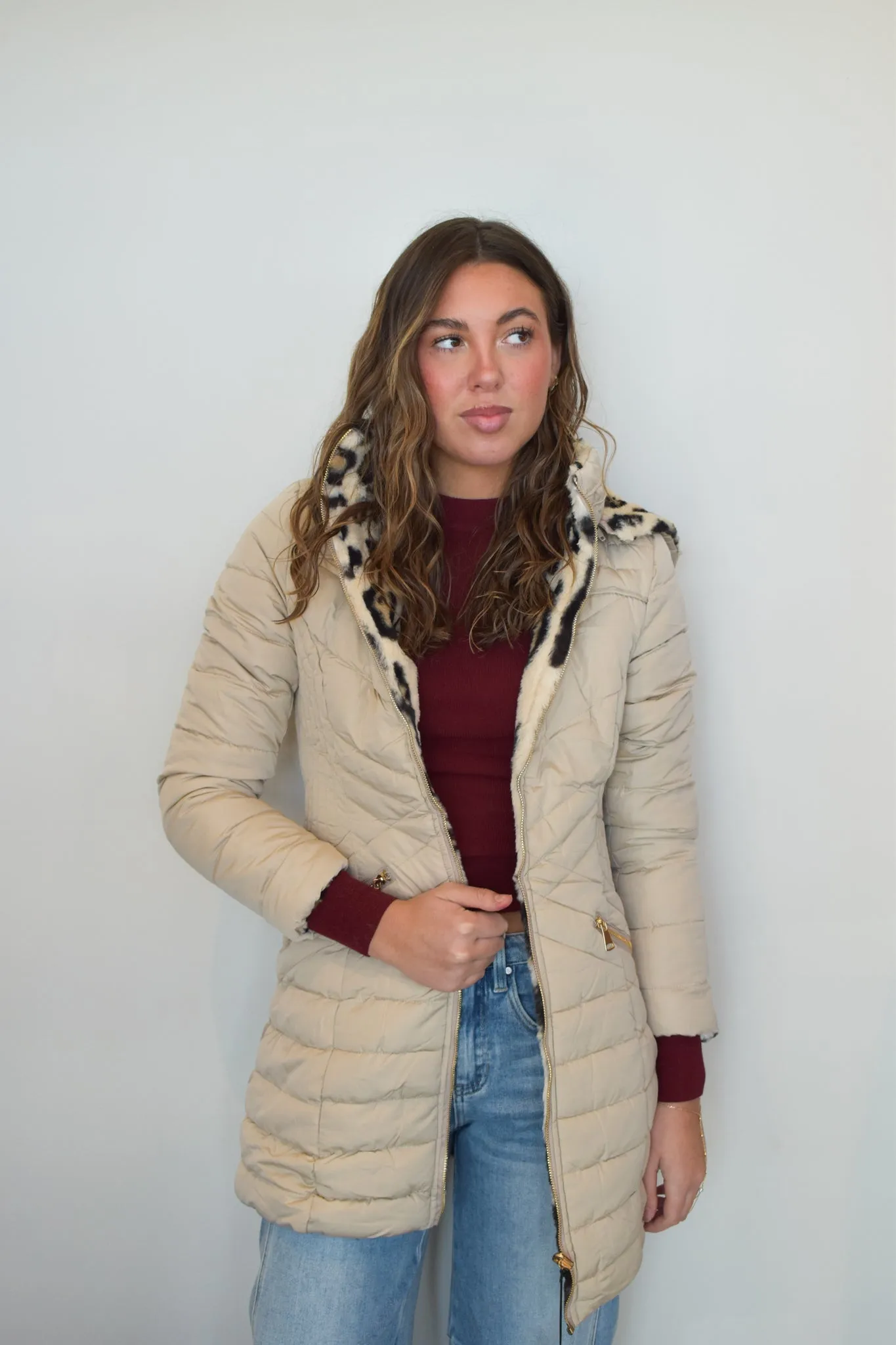 Long Line Reversible Puffer- Cream/Leopard