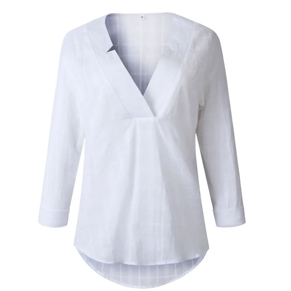Long Sleeve Cotton and Linen V-neck Long-sleeved Shirt White Casual Top