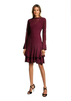 Long-Sleeve Double Ruffle Lace Dress in Wine