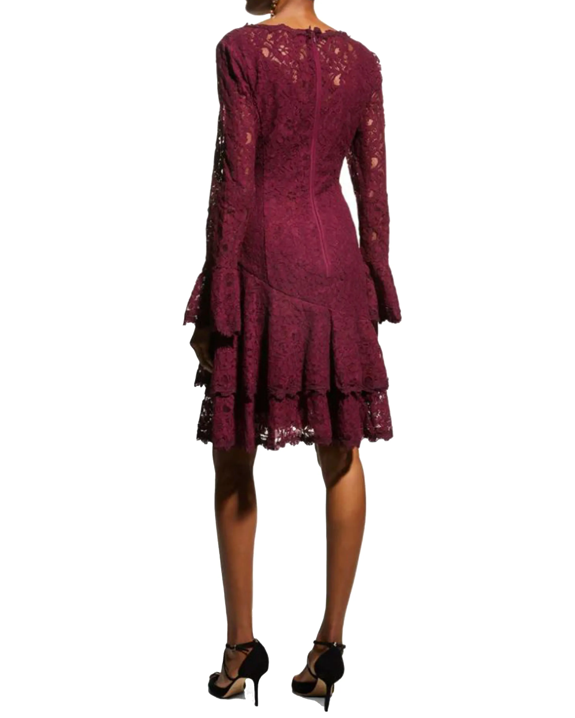 Long-Sleeve Double Ruffle Lace Dress in Wine